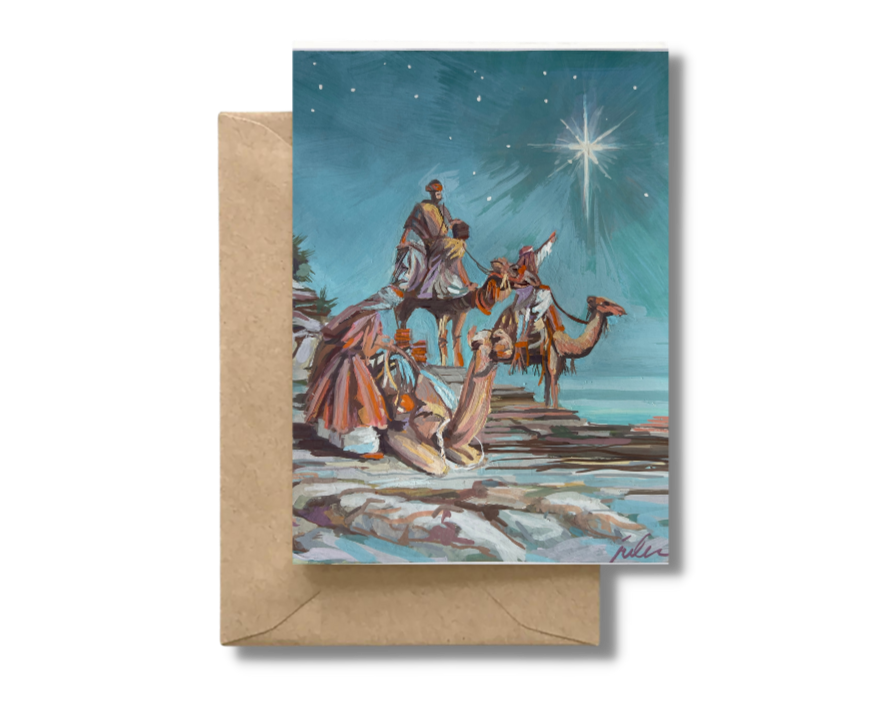 THREE KINGS ARRIVING ON CAMELS - Christmas Art Card Print of Original Painting