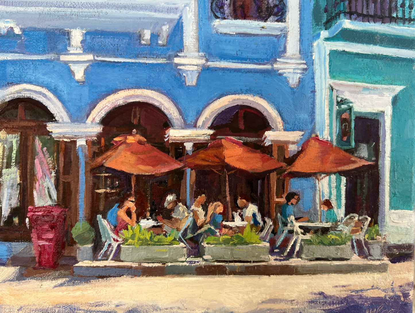 LUNCH UNDER THE RED UMBRELLAS IN OLD SAN JUAN - Original Oil Painting