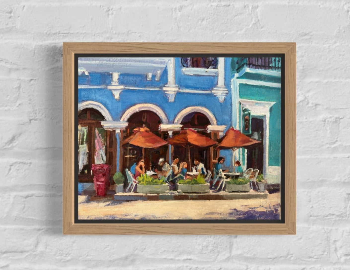LUNCH UNDER THE RED UMBRELLAS IN OLD SAN JUAN - Original Oil Painting
