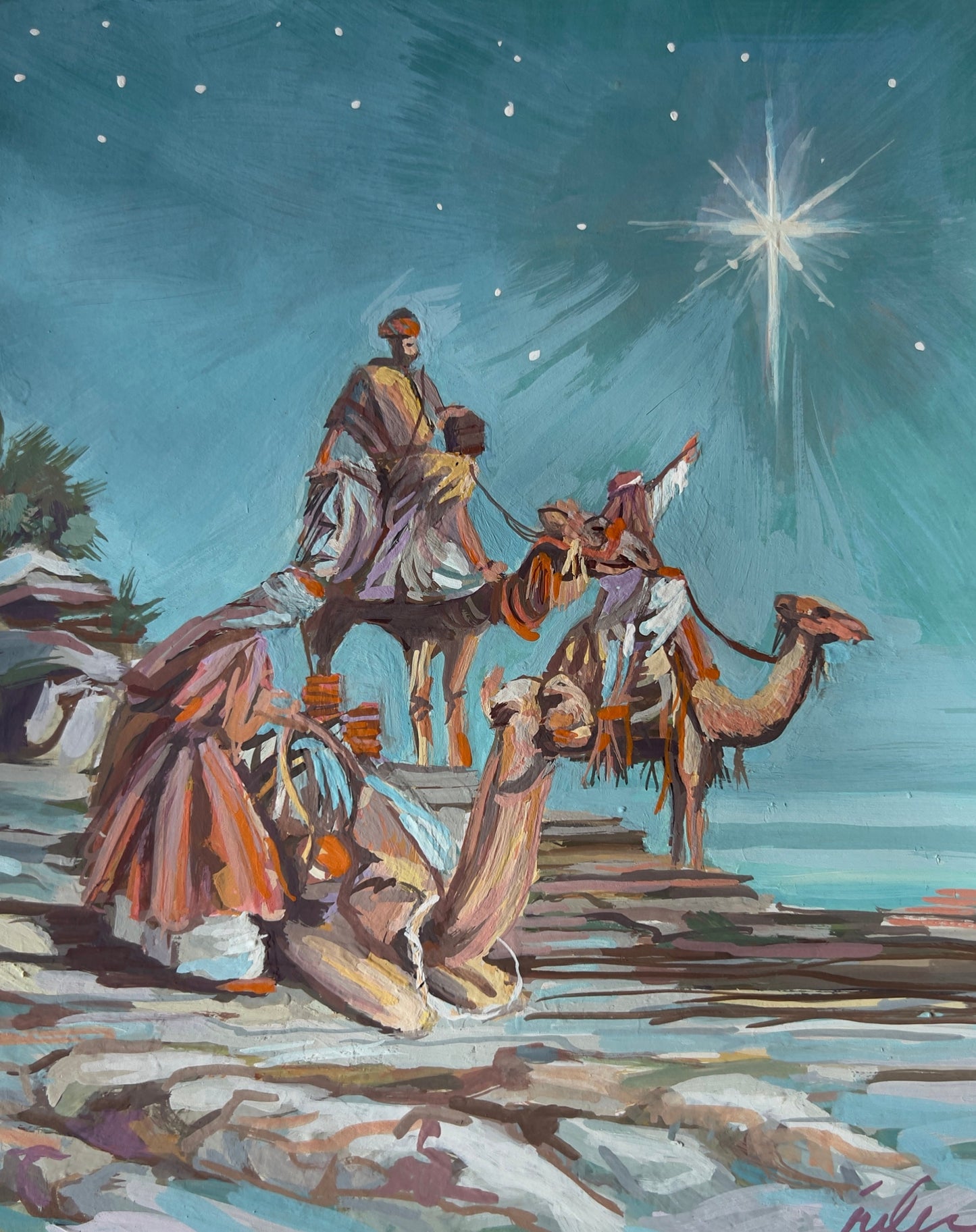 THREE KINGS ARRIVING ON CAMELS  |  Giclee Reproduction Print of an Original Gouache Painting