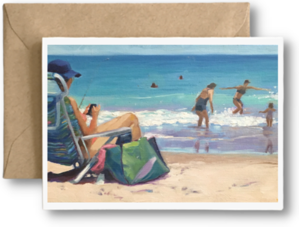 DAY AT THE SHORE - FOUR GENERATIONS - Art Card Print of Original Seascape Oil Painting