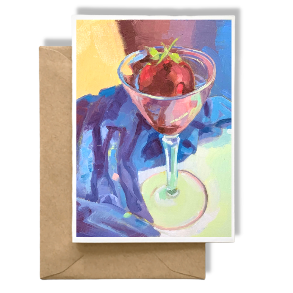 CHOCOLATE STRAWBERRY IN A GLASS WITH BLUE SHIRT  Art Card