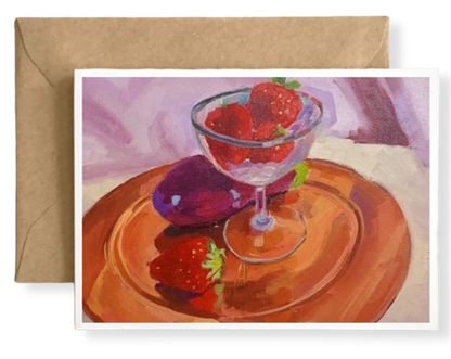 STRAWBERRIES IN GLASS WITH EGGPLANT ON COPPER PLATE - Art Card Print